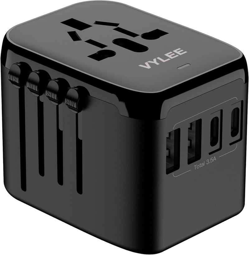 VYLEE Universal Travel Adapter, 5 in 1 International Power Adapter, 3.5A 2xUSB-A and 2xUSB C Wall Charger, Worldwide Travel Essentials Plug for Europe USA UK AUS Asia (Black) - Image 1